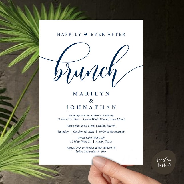 Invitation Heureux toujours après Brunch, Mariage de poste (Happily Ever After Lunch, Wedding Party Invitation Card PDF Modern Beautiful Navy Blue)