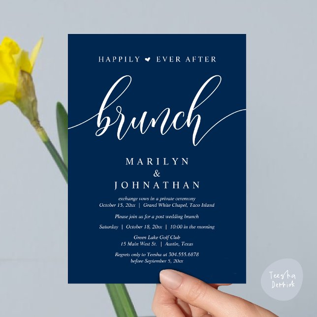Invitation Heureux toujours après Brunch, Mariage de poste (Happily Ever After Lunch, Wedding Party Invitation Card PDF Modern Beautiful Navy Blue)