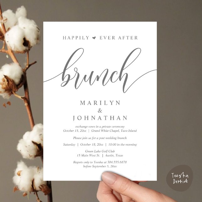 Invitation Heureux toujours après Brunch, Mariage de poste (Happily Ever After Brunch, Wedding Party Invitation Card PDF Modern Beautiful Dark Grey)