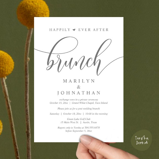 Invitation Heureux toujours après Brunch, Mariage de poste (Happily Ever After Brunch, Wedding Party Invitation Card PDF Modern Beautiful Dark Grey)