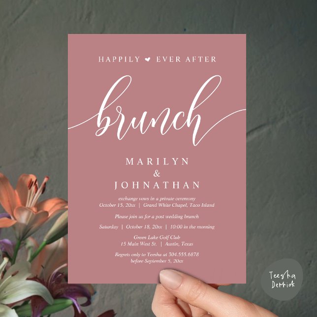 Invitation Heureux toujours après Brunch, Mariage de poste (Happily Ever After Brunch, Wedding Party Invitation Card PDF Modern Beautiful Dusty Rose Pink)