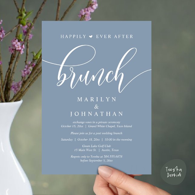 Invitation Heureux toujours après Brunch, Mariage de poste (Happily Ever After Brunch, Wedding Party Invitation Card PDF Modern Beautiful Dusty Blue)