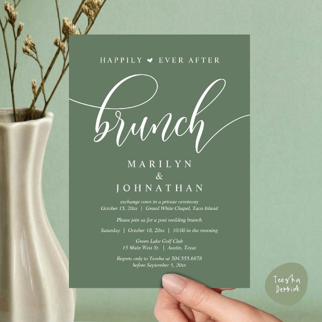 Invitation Heureux toujours après Brunch, Mariage de poste (Happily Ever After Brunch, Wedding Party Invitation Card PDF Modern Beautiful Greenery Sage Green)