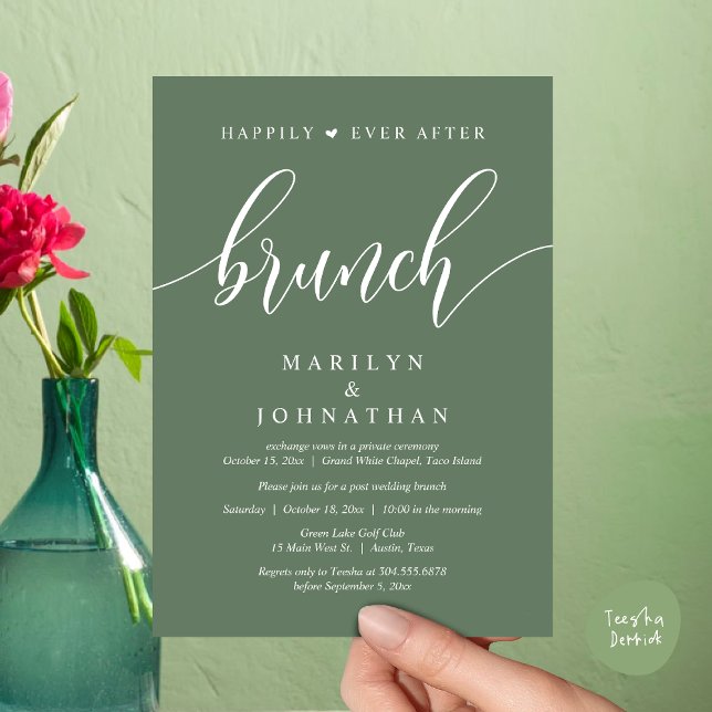Invitation Heureux toujours après Brunch, Mariage de poste (Happily Ever After Brunch, Wedding Party Invitation Card PDF Modern Beautiful Greenery Sage Green)