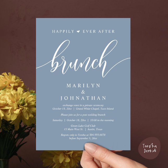Invitation Heureux toujours après Brunch, Mariage de poste (Happily Ever After Brunch, Wedding Party Invitation Card PDF Modern Beautiful Dusty Blue)