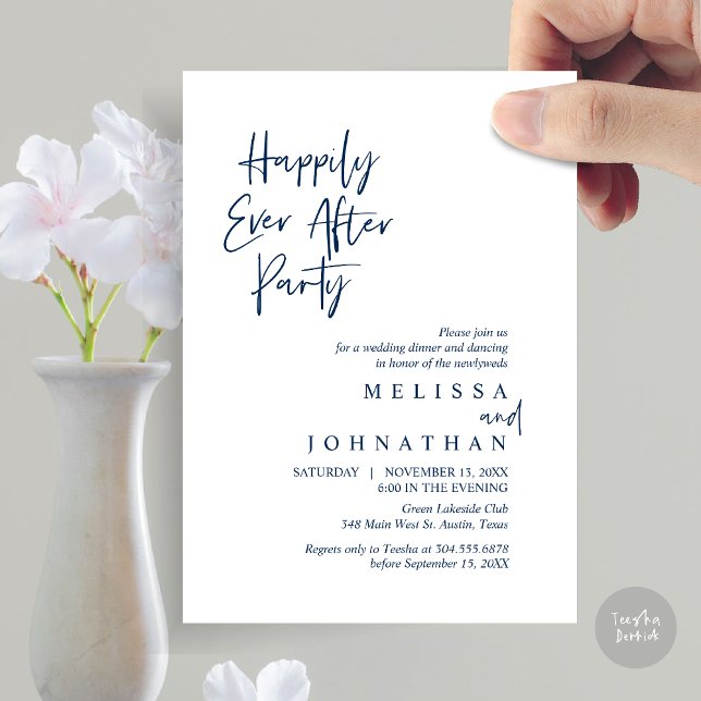 Invitation Heureux toujours après la fête, dîner Mariage Elop (Happily Ever after Party, Wedding Elopement Dinner Invitation Card, PDF, in Navy Blue)