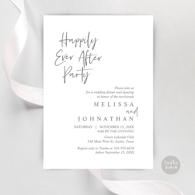 Invitation Heureux toujours après la fête, dîner Mariage Elop (Happily Ever after Party, Wedding Elopement Dinner Invitation Card, PDF, in Dark Grey)