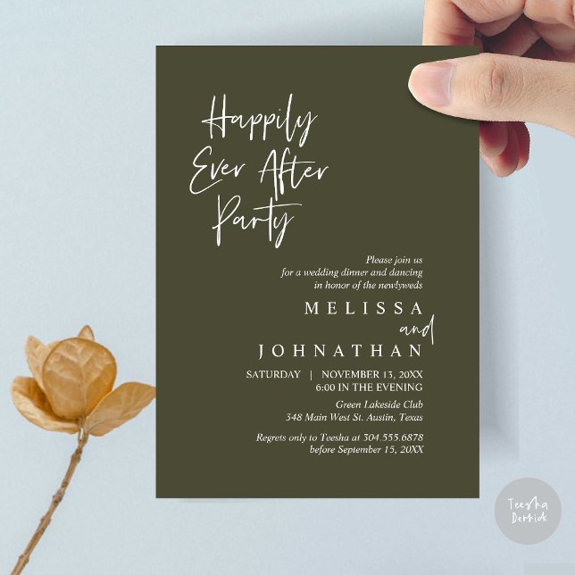 Invitation Heureux toujours après la fête, dîner Mariage Elop (Happily Ever after Party, Wedding Elopement Dinner Invitation Card, PDF, in Olive Green)