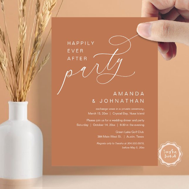 Invitation Heureux toujours après la fête, Mariage romantique (Happily Ever After Party, Modern Romantic Wedding Dinner Invitation Card in Rustic Rust Orange)