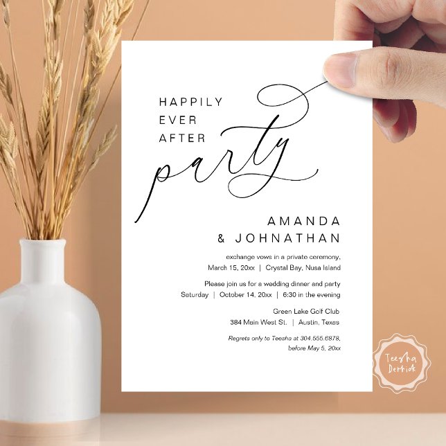 Invitation Heureux toujours après la fête, Mariage romantique (Happily Ever After Party, Modern Romantic Wedding Dinner Invitation Card in Black and White)