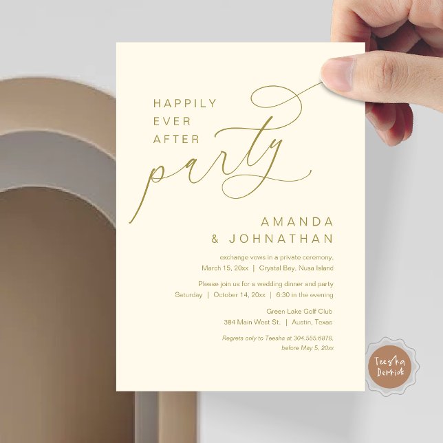 Invitation Heureux toujours après la fête, Mariage romantique (Modern Romantic Script, Happily Ever After Party Invitation Card, in classy gold)