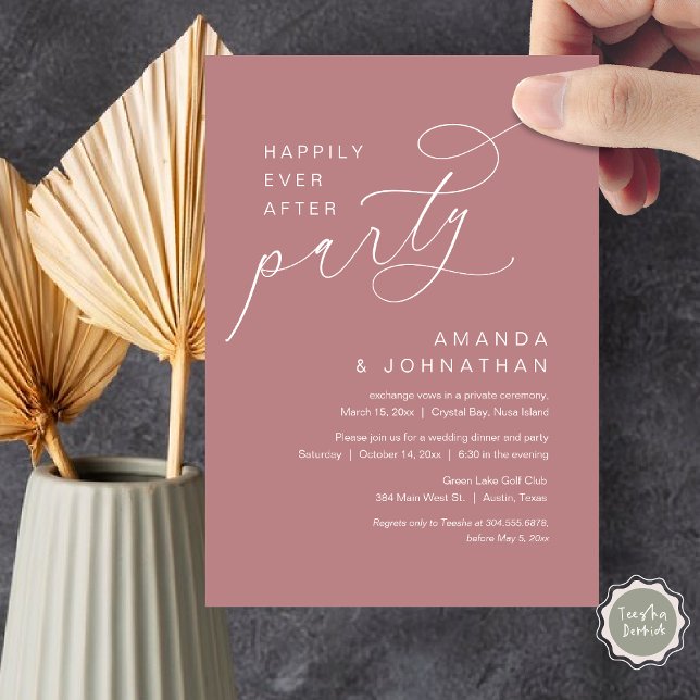 Invitation Heureux toujours après la fête, Mariage romantique (Happily Ever After Party, Modern Romantic Wedding Dinner Invitation Card in Dusty rose pink)