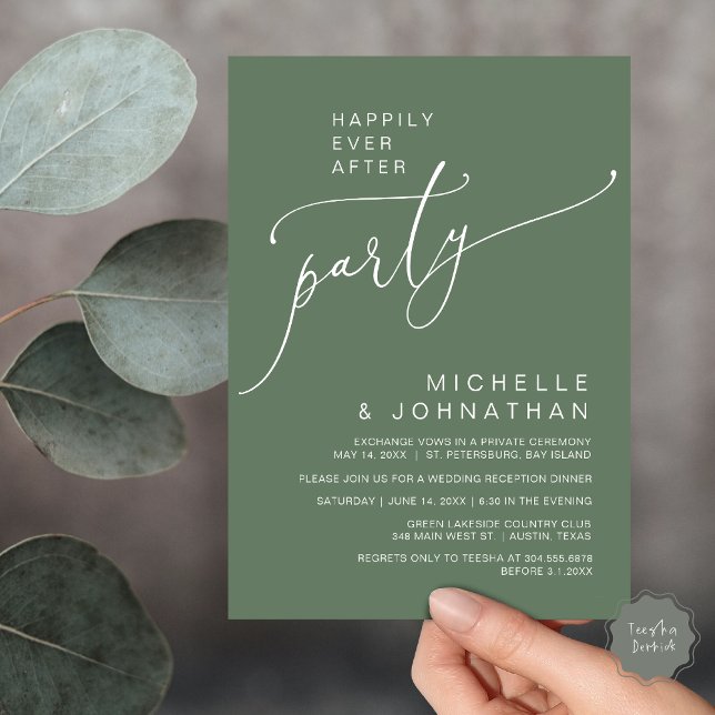 Invitation Heureux toujours après la réception Dîner et danse (Happily Ever After Reception Dinner and Dancing Cash Bar, Adult only Invitation Card PDF Sage Green)
