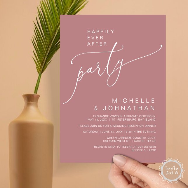 Invitation Heureux toujours après la réception Dîner et danse (Happily Ever After Reception Dinner and Dancing Cash Bar, Adult only Invitation Card PDF Dusty Rose)