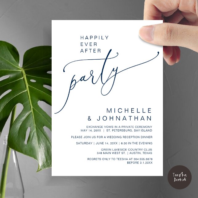 Invitation Heureux toujours après la réception Dîner et danse (Happily Ever After Reception Dinner and Dancing Cash Bar, Adult only Invitation Card PDF Navy Blue)