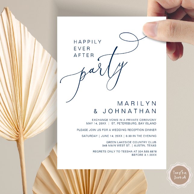 Invitation Heureux toujours après la réception Dîner et danse (Happily Ever After Reception Dinner and Dancing Cash Bar, Adult only Invitation Card PDF Navy Blue)