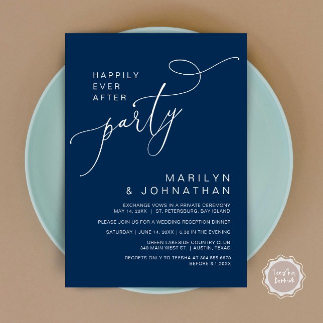 Invitation Heureux toujours après la réception Dîner et danse (Happily Ever After Reception Dinner and Dancing Cash Bar, Adult only Invitation Card PDF Navy Blue)