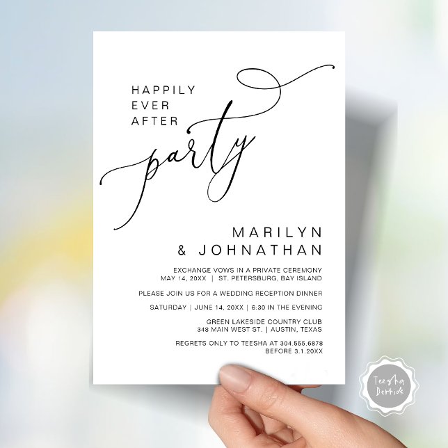 Invitation Heureux toujours après la réception Dîner et danse (Happily Ever After Reception Dinner and Dancing Cash Bar, Adult only Invitation Card PDF White Black)
