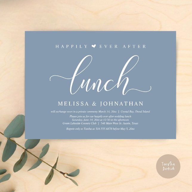 Invitation Heureux toujours après le déjeuner, Mariage Elopem (Happily Ever After Lunch Invitation Card, PDF, Modern Classy Script, in Dusty Blue)