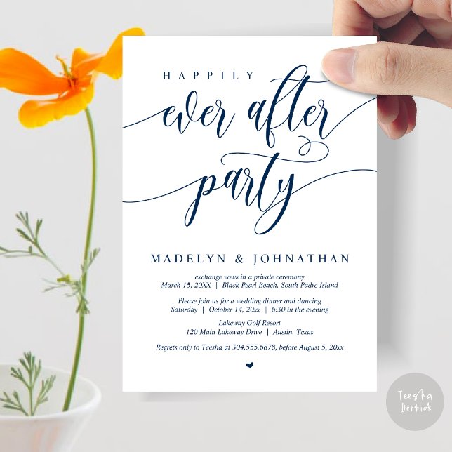 Invitation Heureux toujours après le dîner Mariage de fête, N (Happily Ever After Party, Modern Calligraphy Wedding Dinner Invitation Card, PDF, in Navy Blue)