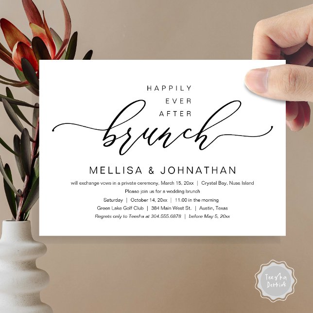 Invitation Heureux toujours après le Mariage Elopement Brunch (Happily Ever After Wedding Brunch Invitation Card, Modern Romantic Script, in Black and White)