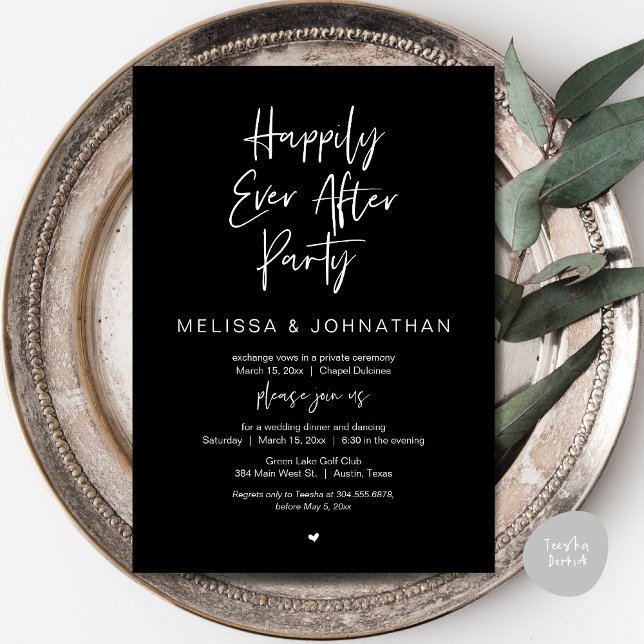 Invitation Heureux toujours après, Mariage Elopement Diner Pa (Happily Ever After Party, Wedding Dinner and Dancing Invitation Card, PDF, in Classy Black)