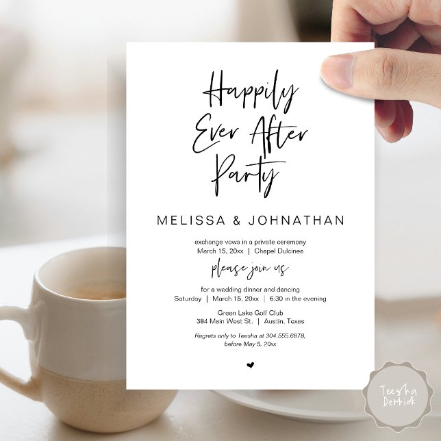 Invitation Heureux toujours après, parti Elopement Mariage (Happily Ever After Party, Wedding Dinner and Dancing Invitation Card, PDF, in Black and White)