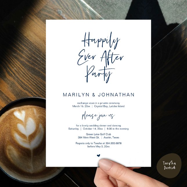 Invitation Heureux toujours après, parti Elopement Mariage (Happily Ever After, Wedding Elopement Modern Summer Party Invitation Card, PDF, in Navy Blue)