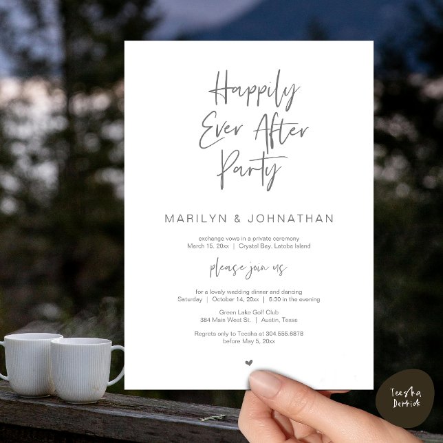 Invitation Heureux toujours après, parti Elopement Mariage (Happily Ever After, Wedding Elopement Modern Summer Party Invitation Card, PDF, in Dark Grey)