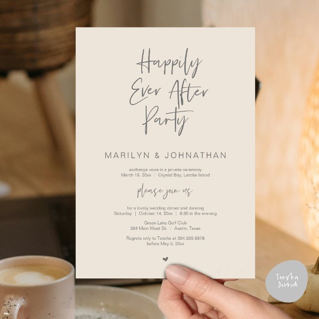 Invitation Heureux toujours après, parti Elopement Mariage (Happily Ever After, Wedding Elopement Modern Summer Party Invitation Card, PDF, in Cream Dark Grey)