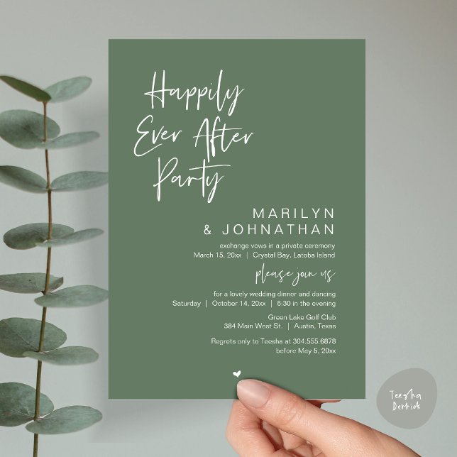 Invitation Heureux toujours après, parti Elopement Mariage (Happily Ever After, Wedding Elopement Modern Summer Party Invitation Card, PDF, in Forest Sage Green)