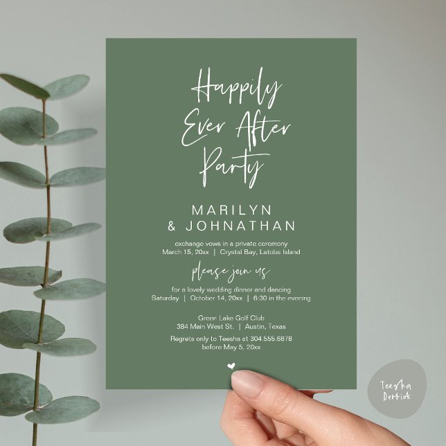 Invitation Heureux toujours après, parti Elopement Mariage (Happily Ever After, Wedding Elopement Modern Summer Party Invitation Card, PDF, in Forest Sage Green)