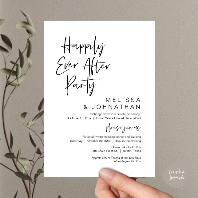 Invitation Heureux toujours après, parti Elopement Mariage (Happily Ever After Party Invitation Card, PDF, Wedding Elopement Dinner Brunch Lunch, White Black)