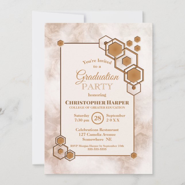 Invitation Hexagonal Gold Frame Marble Partie de graduation (Devant)
