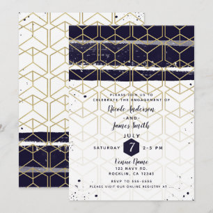 Invitation Hexagone Moderne Bleu Nuit Or Géométrique Fiançail