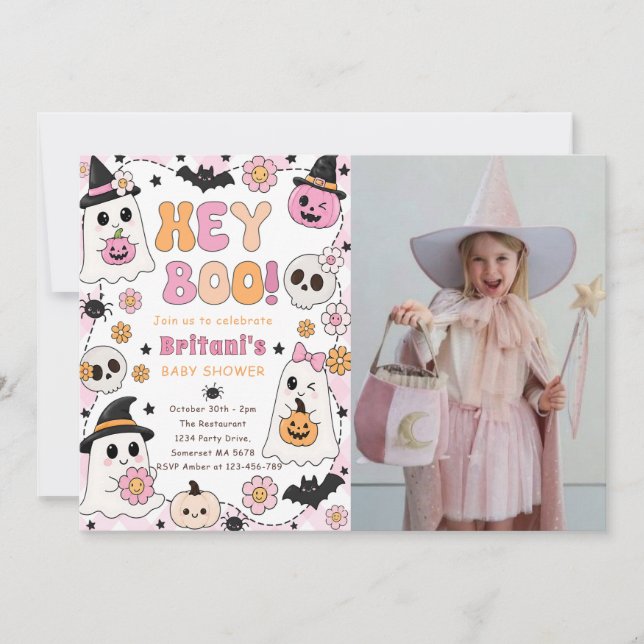 Invitation Hey Boo baby shower rose (Devant)