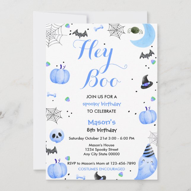 Invitation Hey Boo Blue Ghost Halloween Anniversaire (Devant)