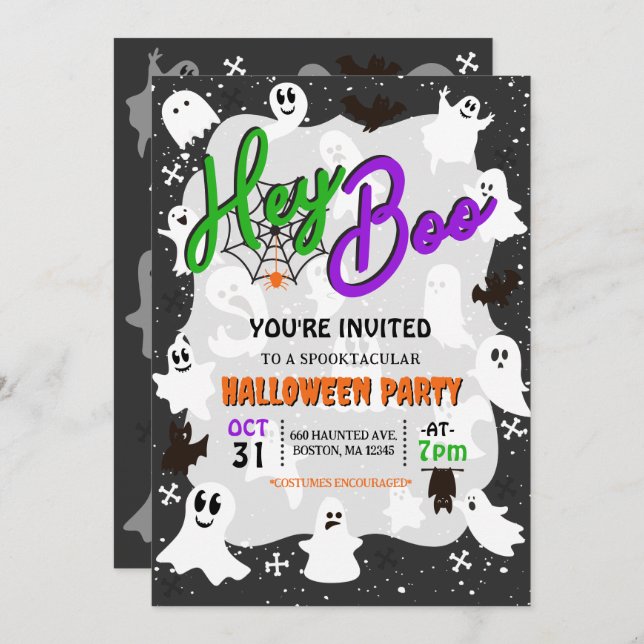 Invitation Hey Boo Cute Éffrayante Fête d'Halloween (Devant / Derrière)