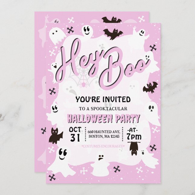 Invitation Hey Boo Cute Éffrayante Fête d'Halloween (Devant / Derrière)