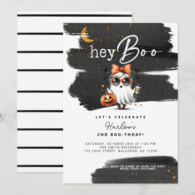 Invitation Hey Boo Cute Ghost Halloween Anniversaire (Devant / Derrière)
