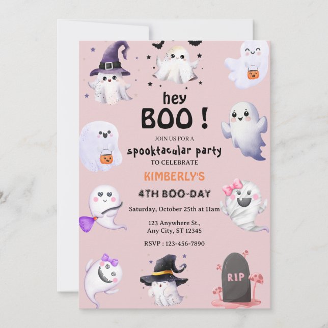 Invitation Hey Boo ! Fille fantôme Halloween lilas rose Anniv (Devant)