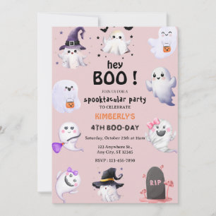 Invitation Hey Boo ! Fille fantôme Halloween lilas rose Anniv