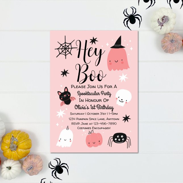 Invitation Hey Boo Halloween Fantôme rose 1er anniversaire (Créateur téléchargé)