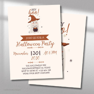 Invitation Hey Boo Joyeux Halloween Fantôme Avec Chapeau Fête