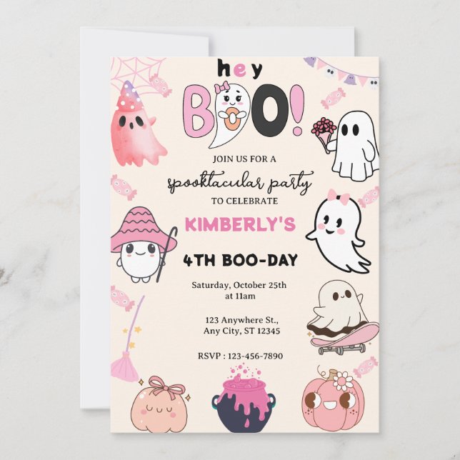 Invitation Hey Boo Pink Ghost Halloween Anniversaire (Devant)