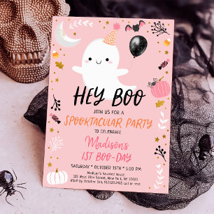 Invitation Hey Boo Pink Ghost Halloween Anniversaire