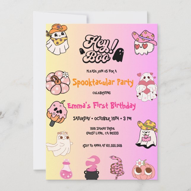 Invitation Hey Boo Pink Ghost Halloween Anniversaire (Devant)