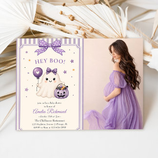 Invitation Hey Boo Purple Ghost Halloween Baby Shower Photo