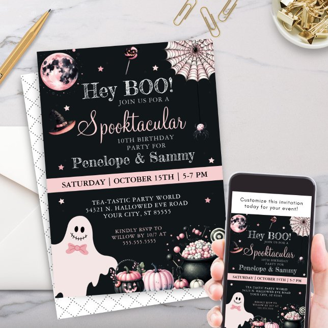Invitation Hey Boo Rose Black Girls Halloween fête d'annivers (Cute black and pink halloween birthday party invitation for girls her double birthday party invites)