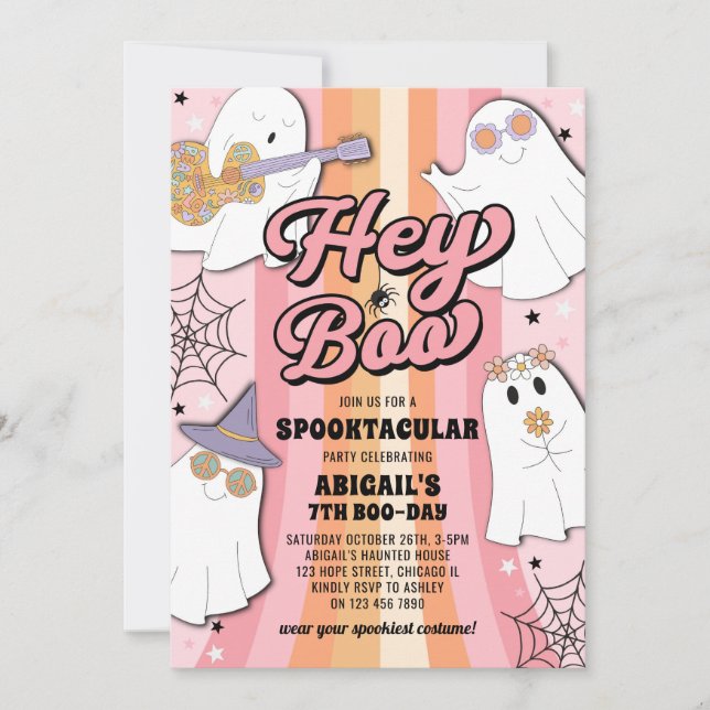 Invitation Hey Boo Super Retro Rose Halloween Fille Anniversa (Devant)